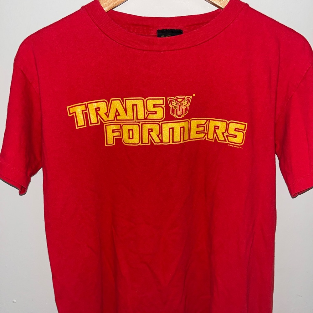Vintage 1999 Hasbro TRANSFORMERS red t shirt with glittery text, SIZE SMALL